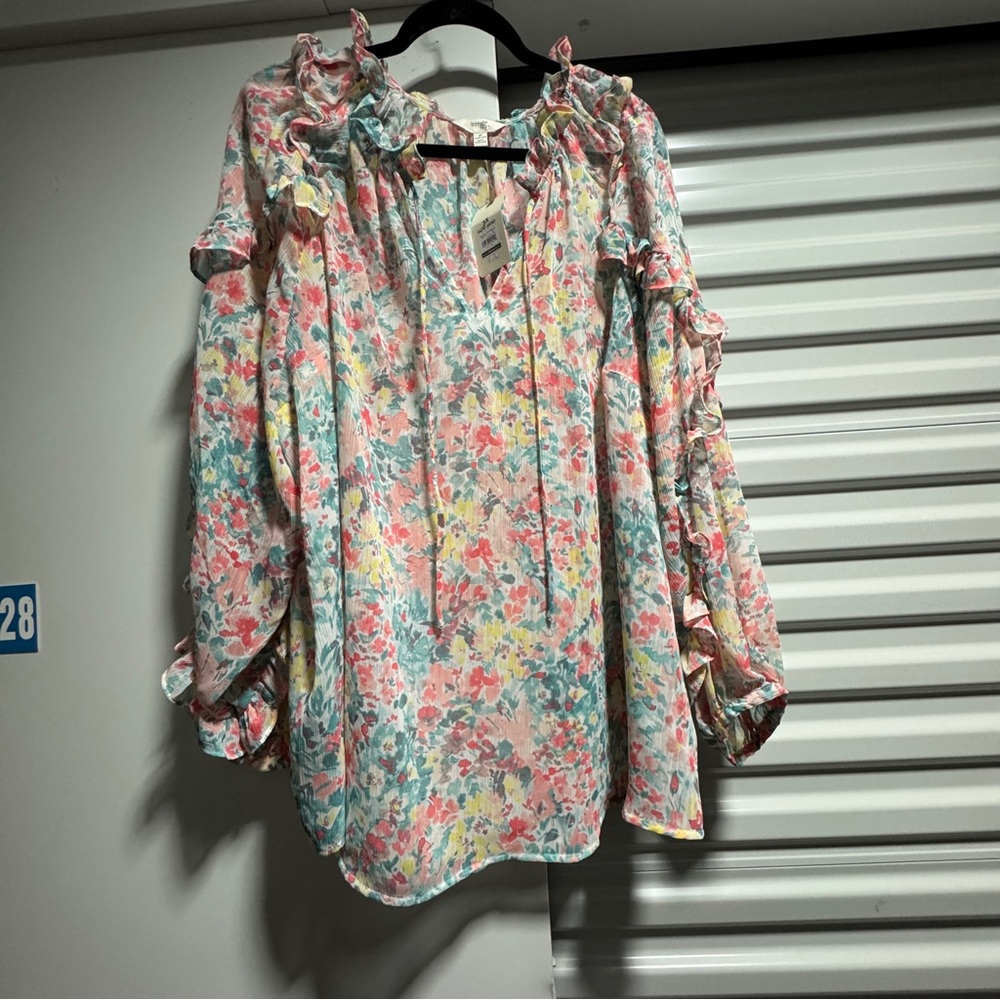 Terra & Sky Green and Pink Ruffled Bishop Sleeve Blouse